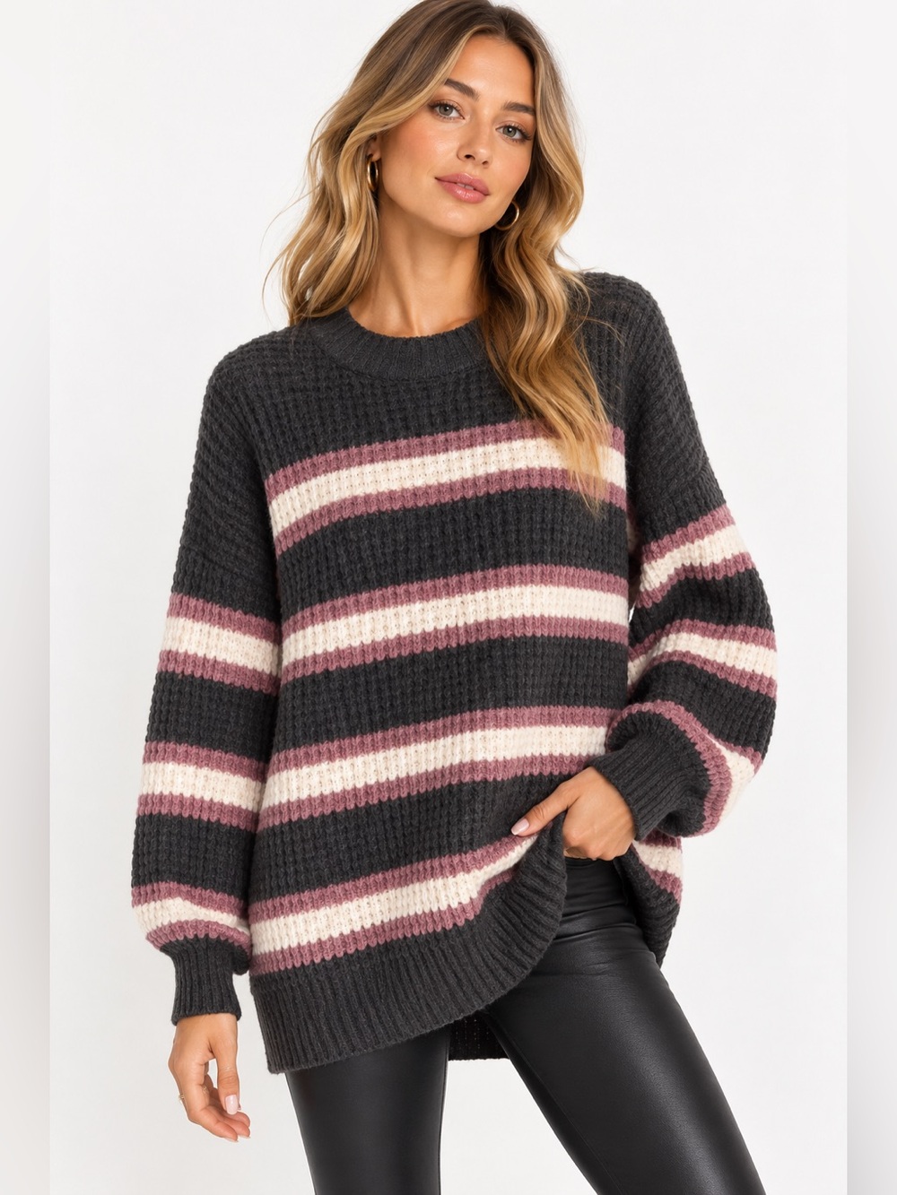 Pink Rose Charcoal Crewneck Sweater with Pink and Cream Stripes